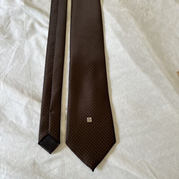 Pierre Balmain Paris Tie Embroidered Logo Micro Polka Dot Handmade Italy Brown - Picture 2 of 9